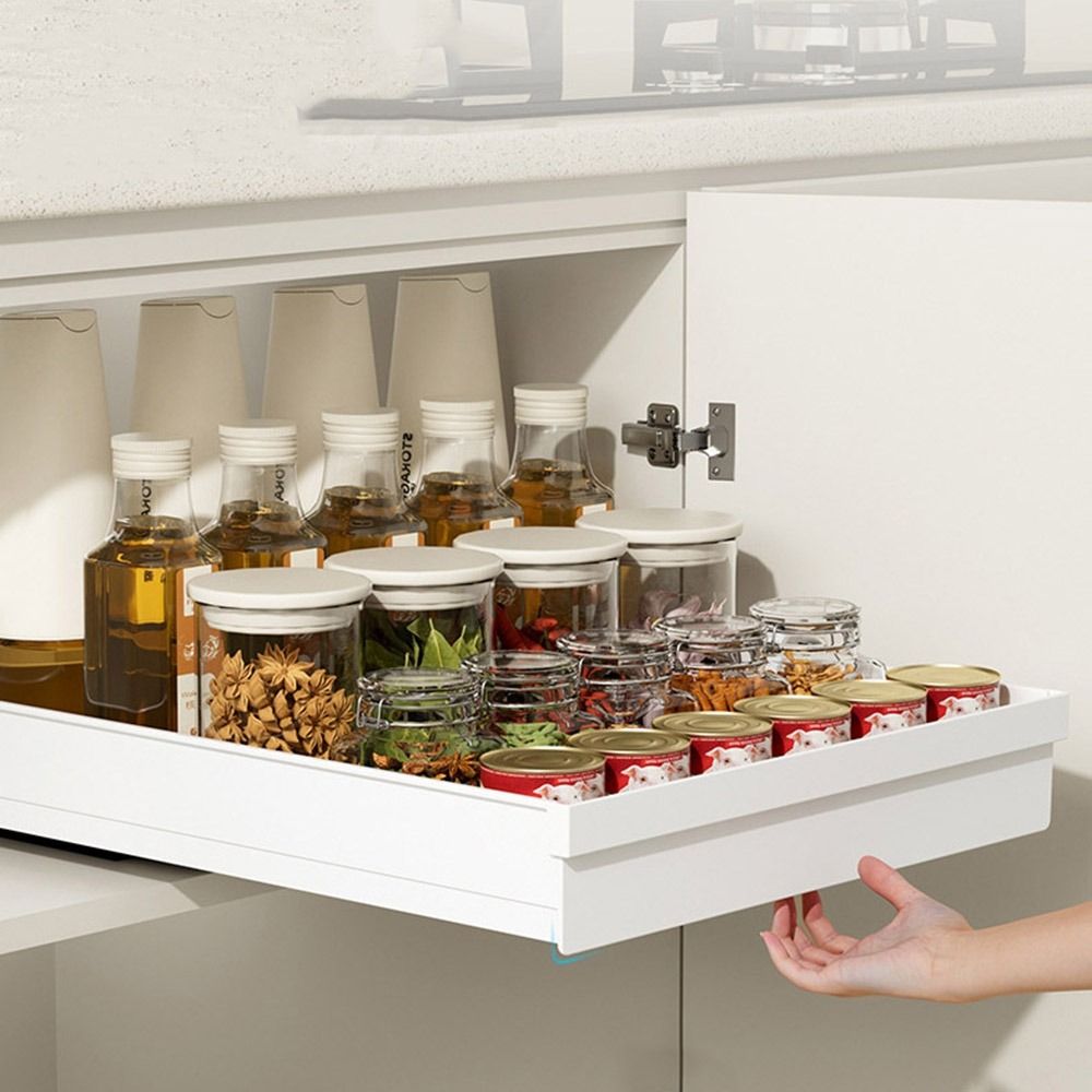 Drawer Slide Pair - 引き出し式キッチン収納ラック 大容量プラスチック製スパイスボックス収納ラック 滑り止め付きスライドレール付き引き出し式収納トレイ