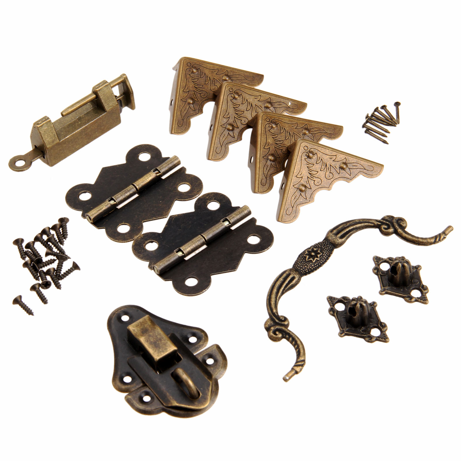 Furniture Hardware Handles - 9ピース/セット家具継手中国真鍮ハードウェアアンティーク木製ボックスラッチマスププルハンドルヒンジコーナープロテクター古いロック
