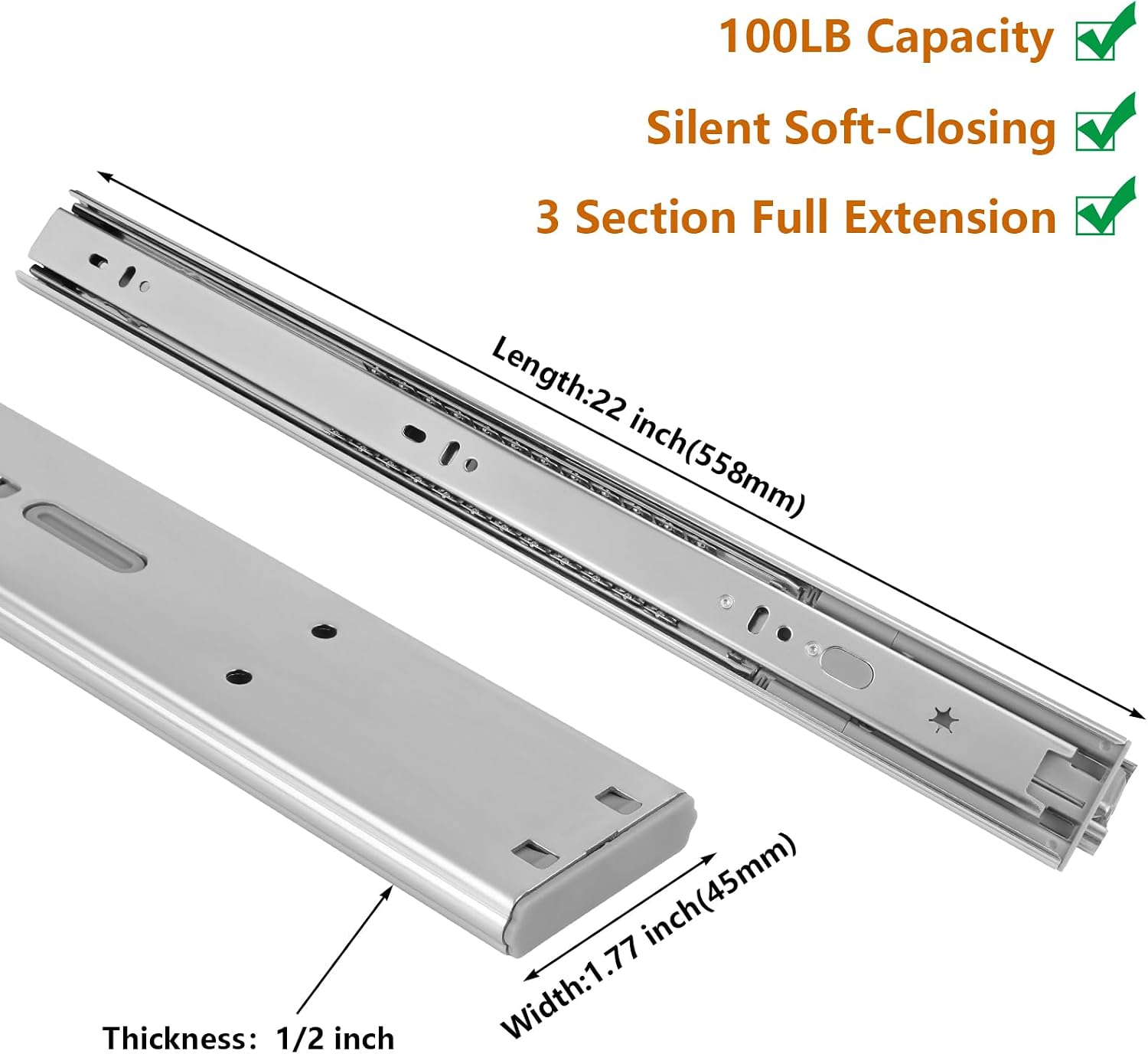 22インチ サイドマウント ソフトクローズ ドロワースライド - Drawer Slide Pair のレビューと価格